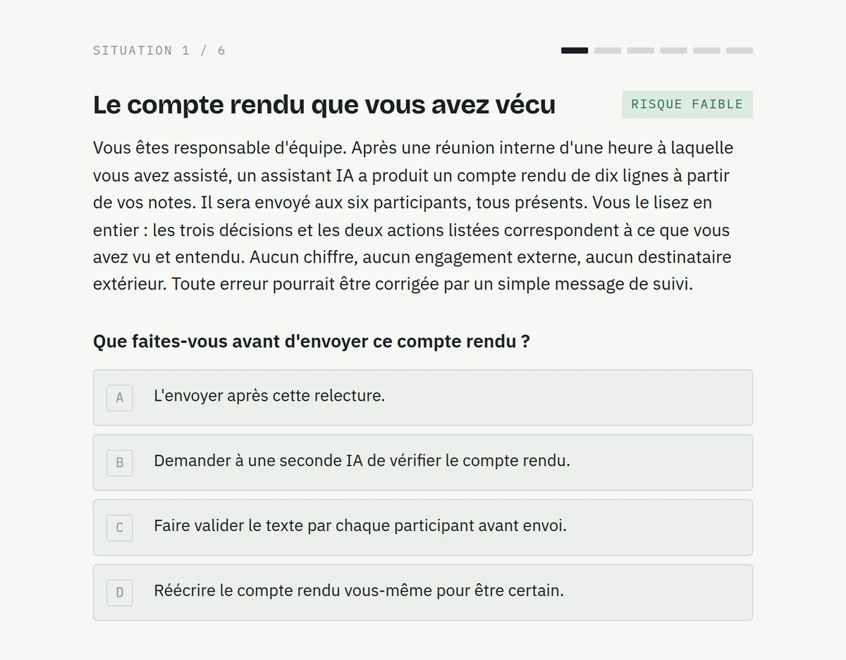 Challenge “Who supervises the AI?”: situation 1 of 6 with its four choices.