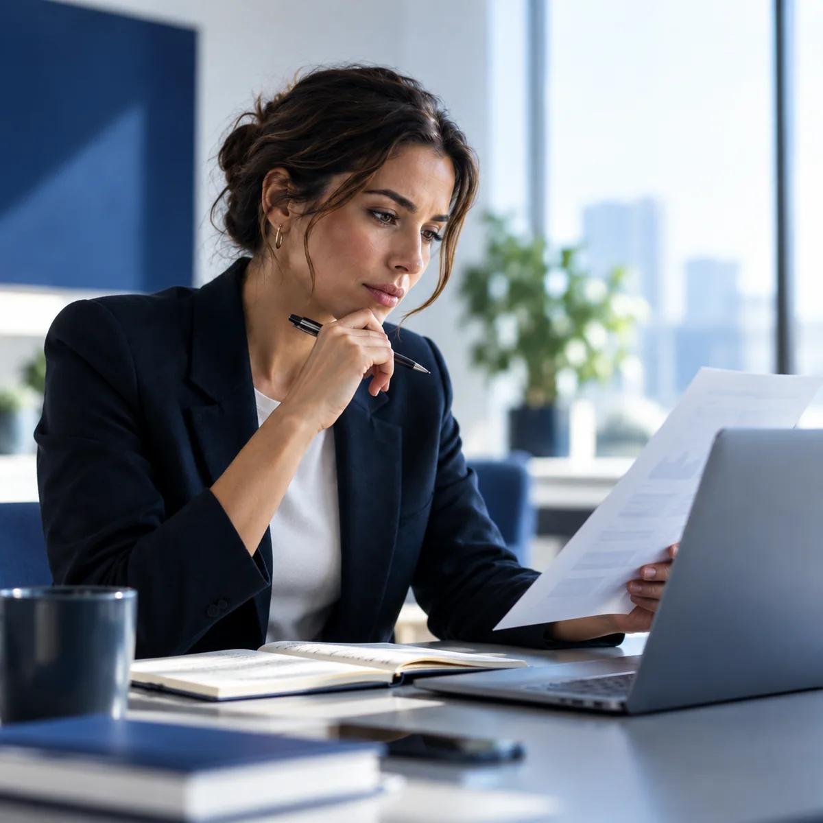 A professional reviewing a document and a screen: validate or verify?
