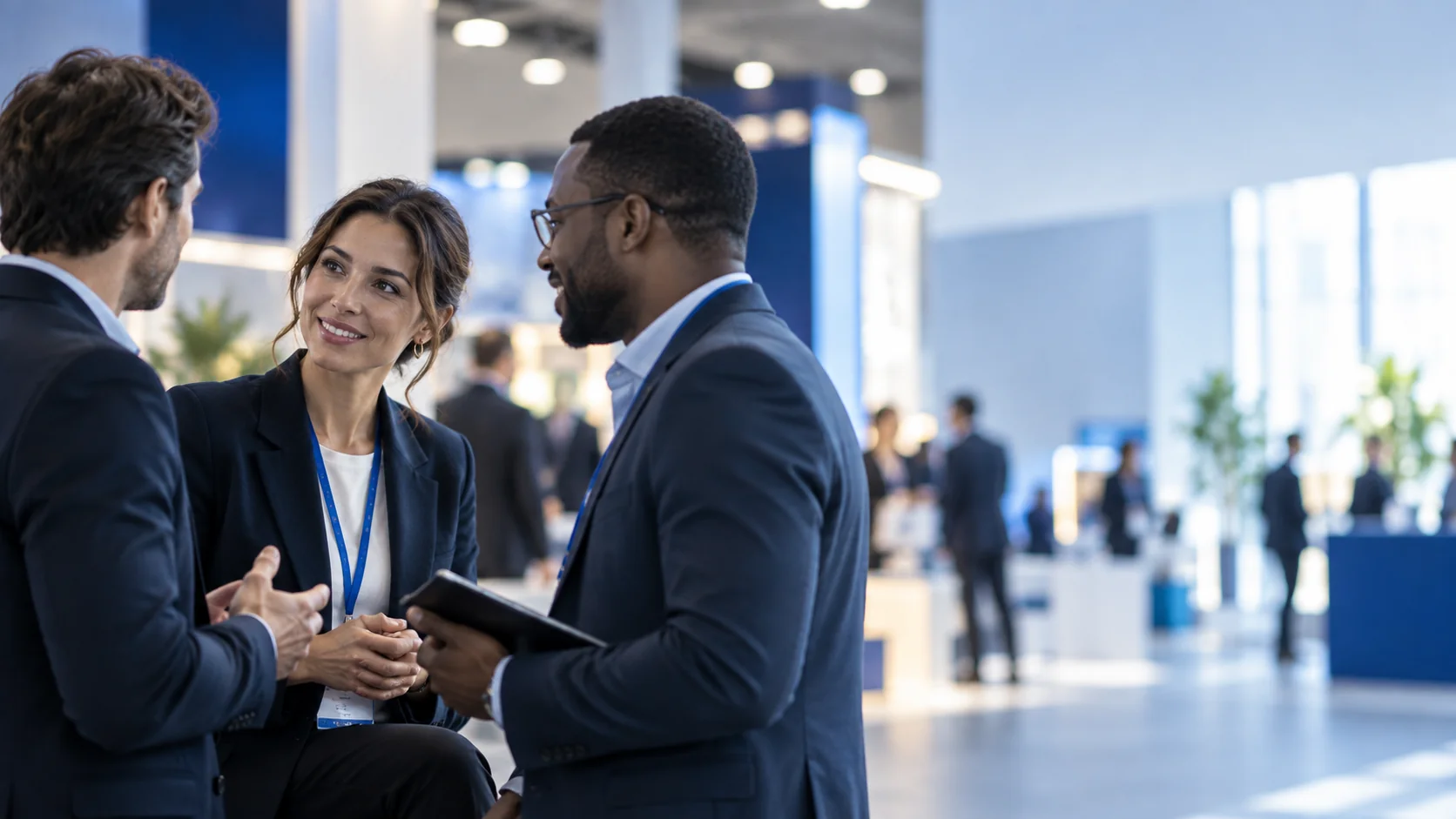 Professionals in conversation in a convention hall